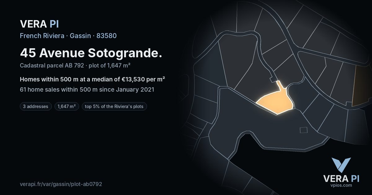45 Avenue Sotogrande, Gassin at night – the plot lit, the parcels around coloured by the prices near them