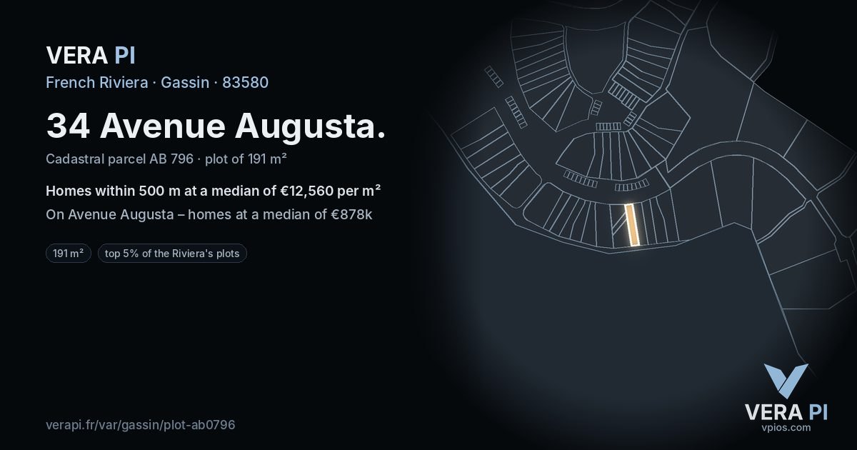 34 Avenue Augusta, Gassin at night – the plot lit, the parcels around coloured by the prices near them