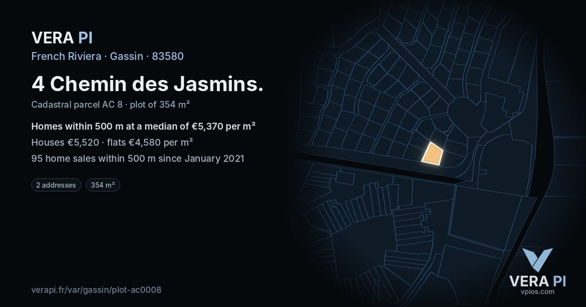 4 Chemin des Jasmins, Gassin at night – the plot lit, the parcels around coloured by the prices near them