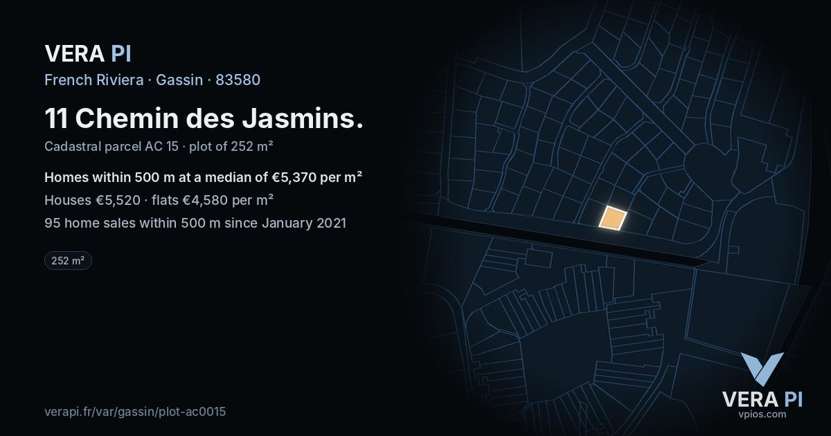 11 Chemin des Jasmins, Gassin at night – the plot lit, the parcels around coloured by the prices near them