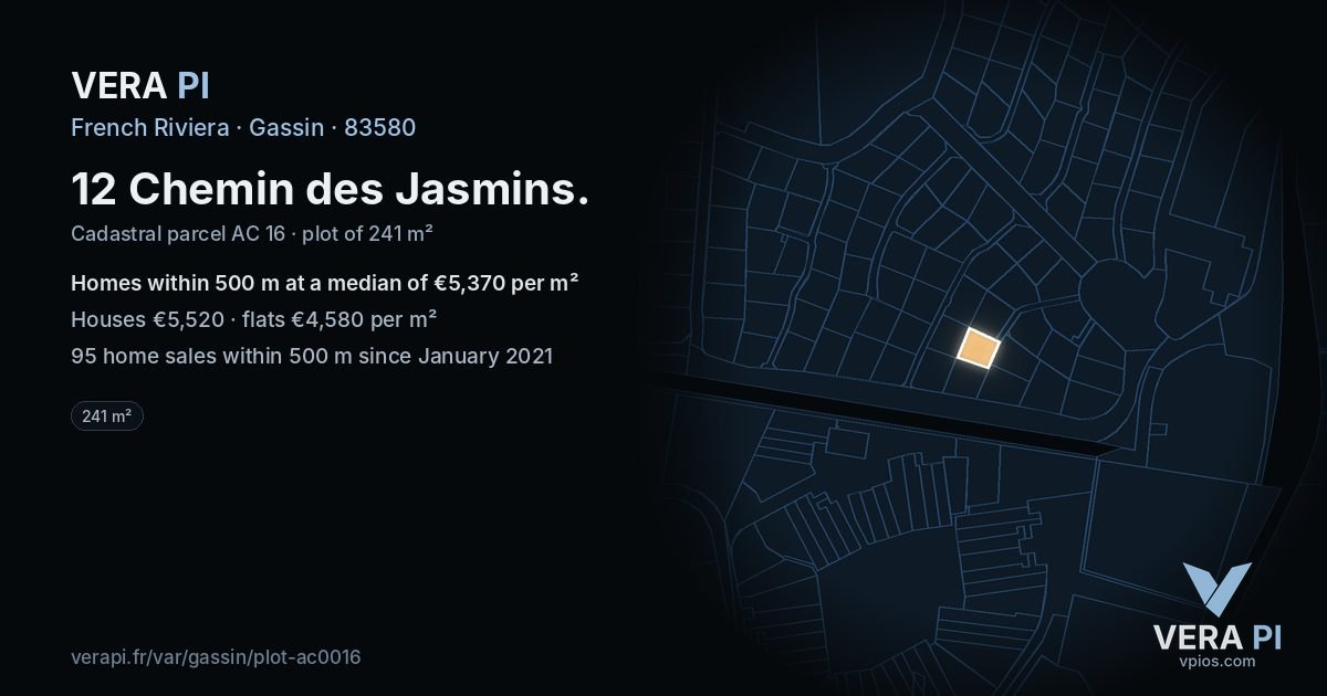 12 Chemin des Jasmins, Gassin at night – the plot lit, the parcels around coloured by the prices near them