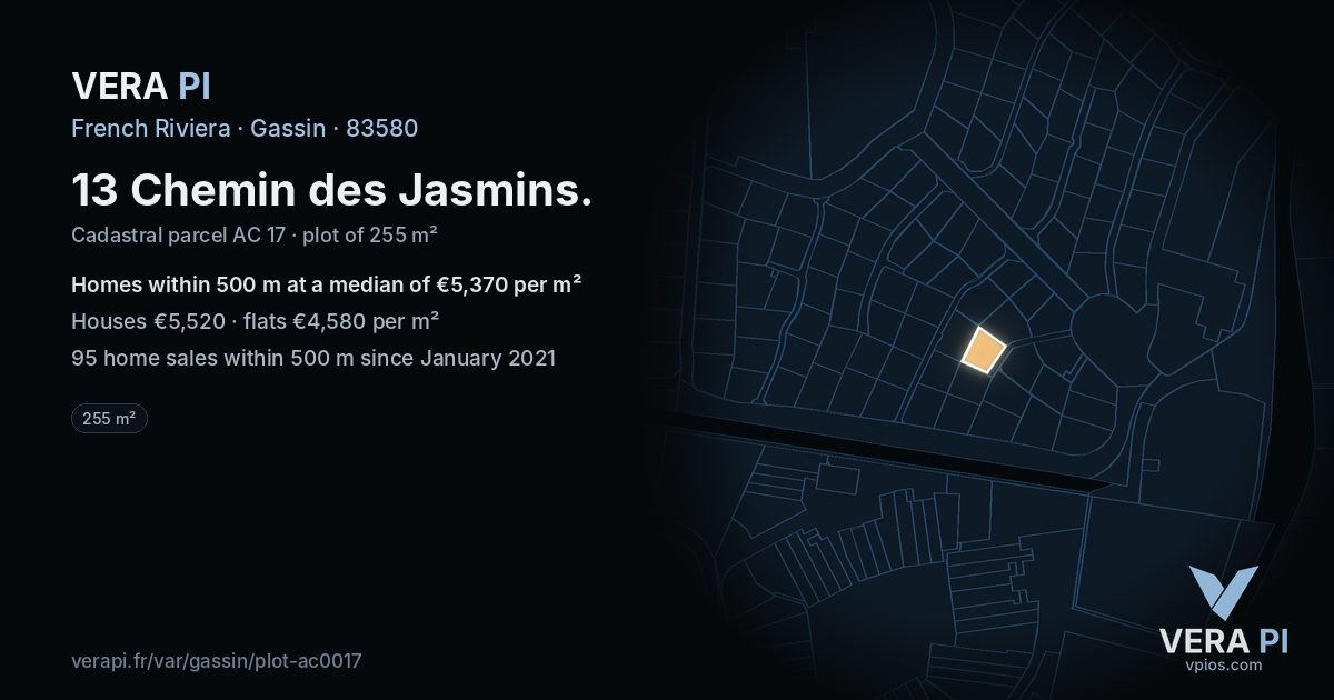 13 Chemin des Jasmins, Gassin at night – the plot lit, the parcels around coloured by the prices near them