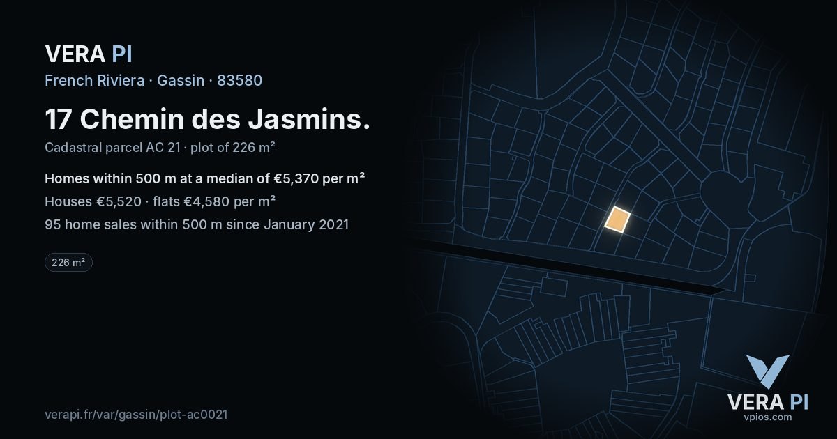 17 Chemin des Jasmins, Gassin at night – the plot lit, the parcels around coloured by the prices near them