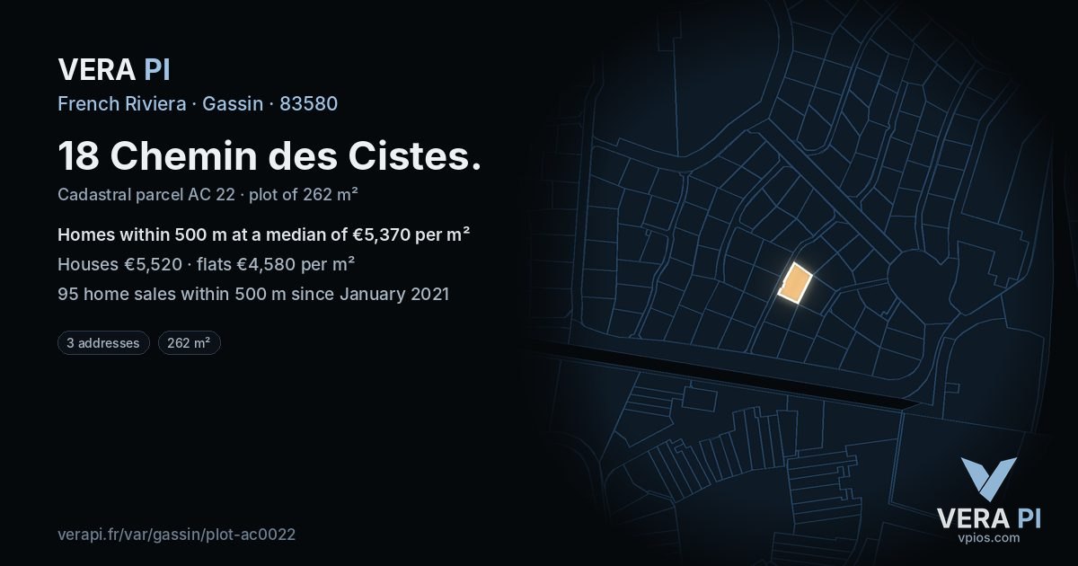 18 Chemin des Cistes, Gassin at night – the plot lit, the parcels around coloured by the prices near them