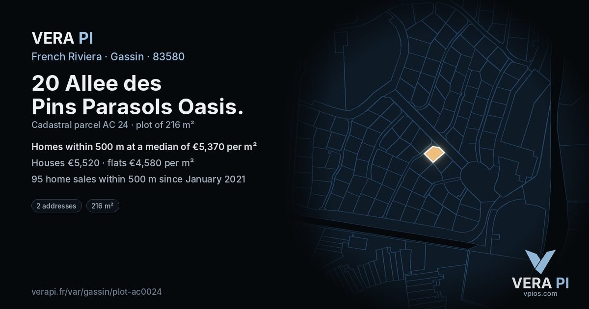 20 Allee des Pins Parasols Oasis, Gassin at night – the plot lit, the parcels around coloured by the prices near them