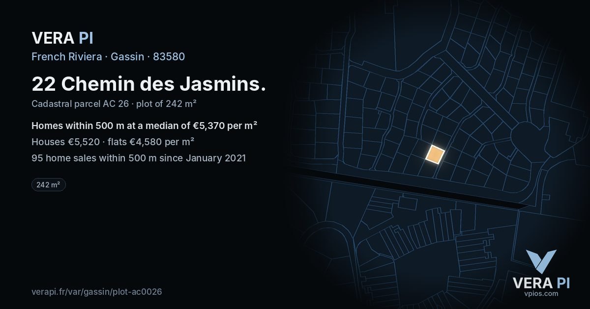 22 Chemin des Jasmins, Gassin at night – the plot lit, the parcels around coloured by the prices near them