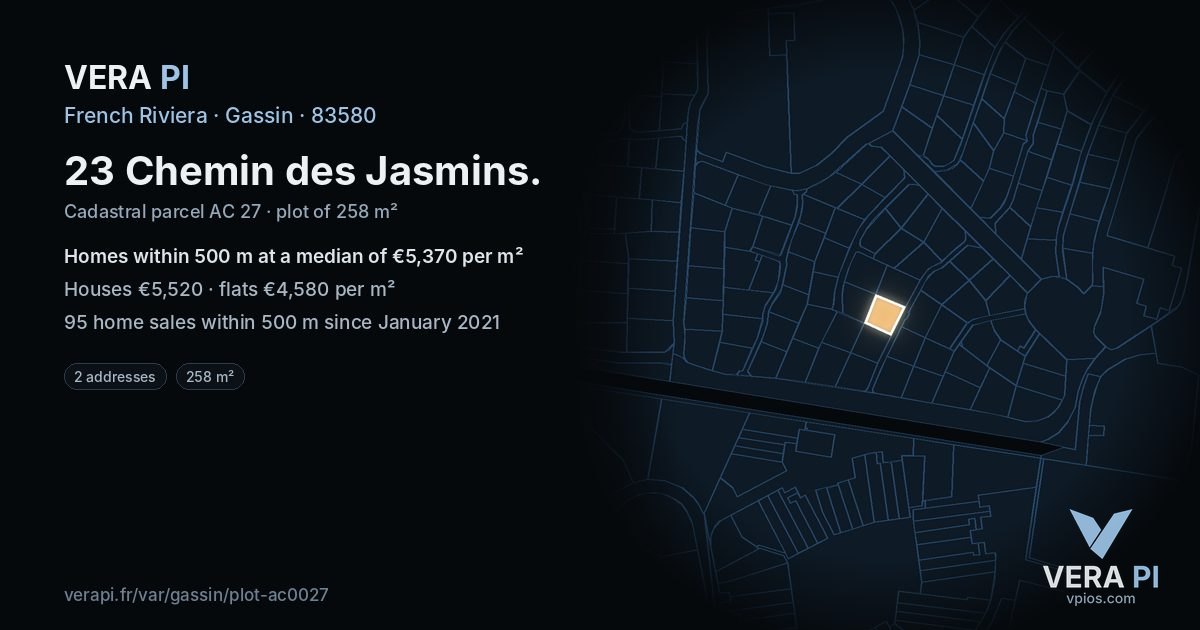 23 Chemin des Jasmins, Gassin at night – the plot lit, the parcels around coloured by the prices near them