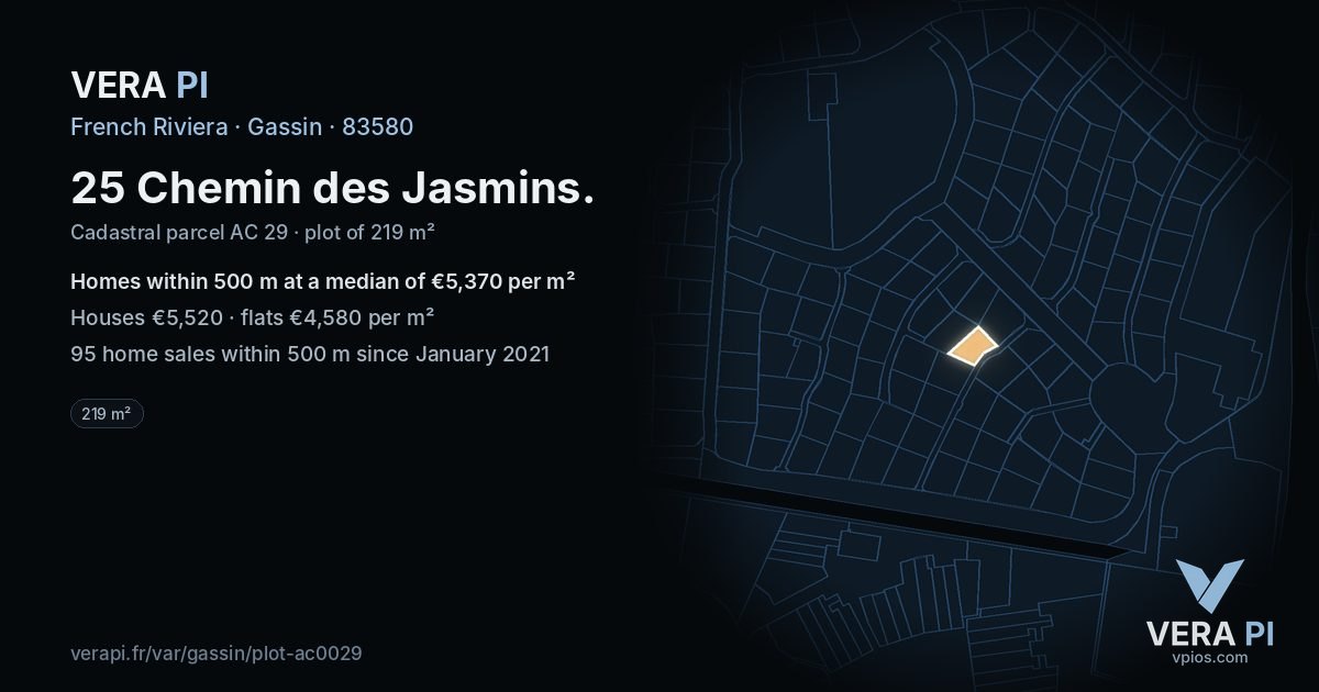 25 Chemin des Jasmins, Gassin at night – the plot lit, the parcels around coloured by the prices near them