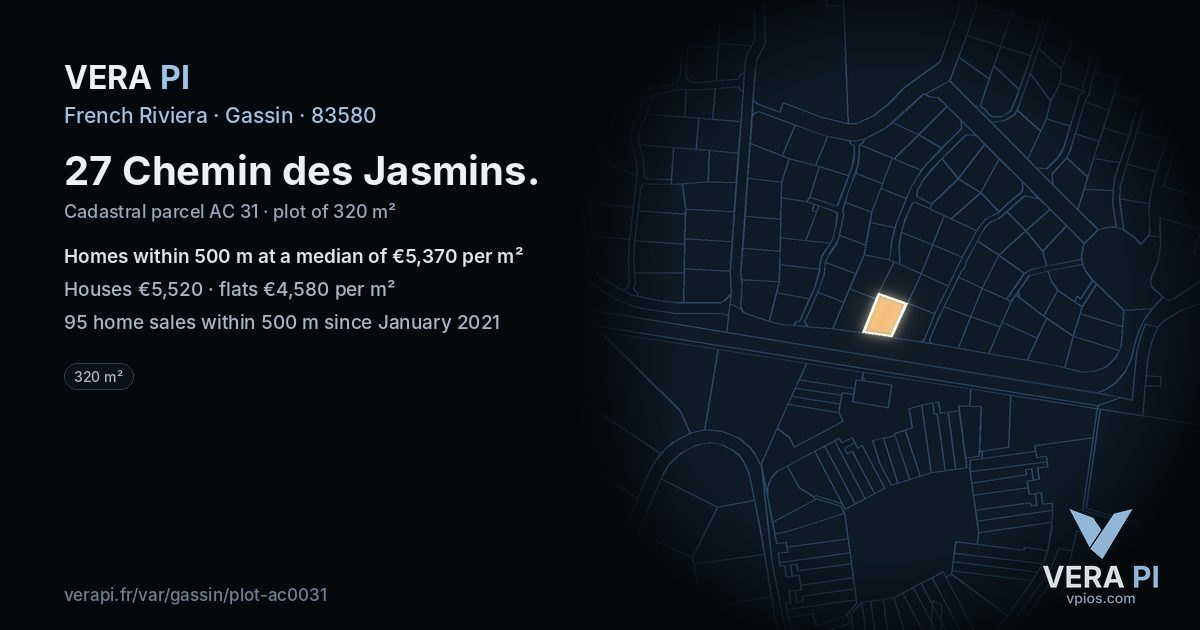 27 Chemin des Jasmins, Gassin at night – the plot lit, the parcels around coloured by the prices near them