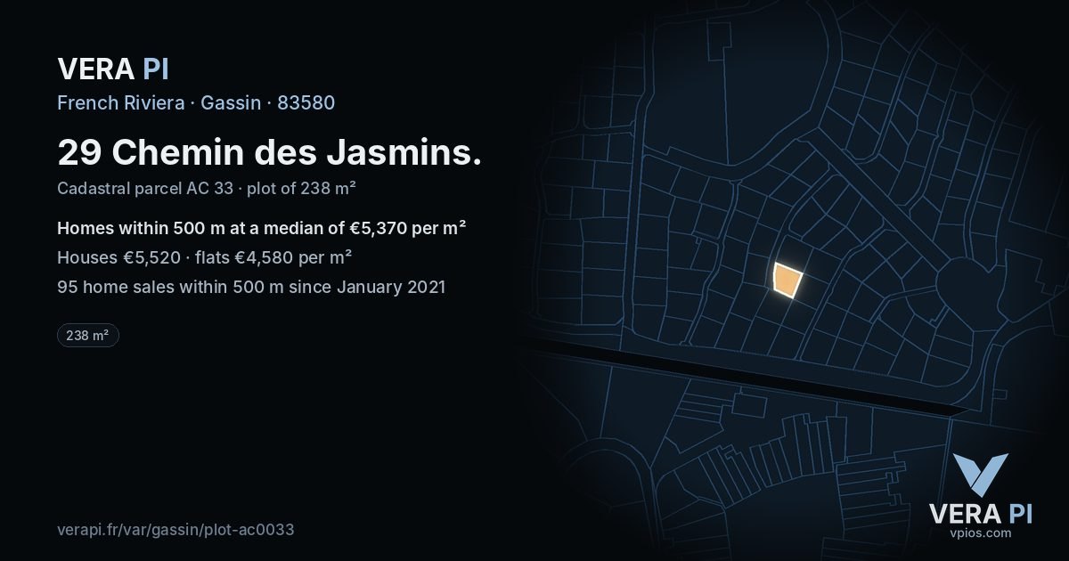 29 Chemin des Jasmins, Gassin at night – the plot lit, the parcels around coloured by the prices near them