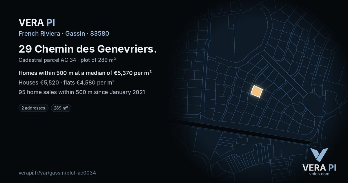 29 Chemin des Genevriers, Gassin at night – the plot lit, the parcels around coloured by the prices near them