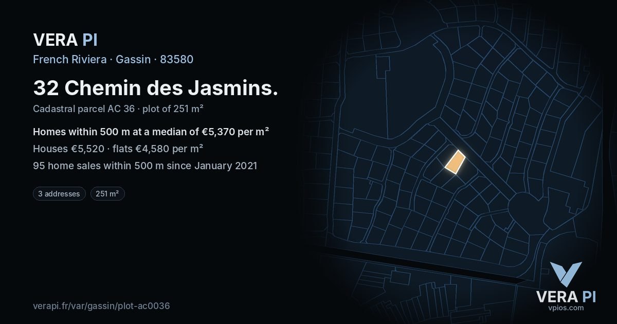 32 Chemin des Jasmins, Gassin at night – the plot lit, the parcels around coloured by the prices near them