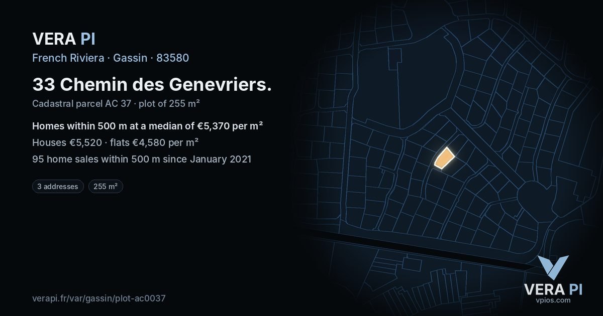 33 Chemin des Genevriers, Gassin at night – the plot lit, the parcels around coloured by the prices near them