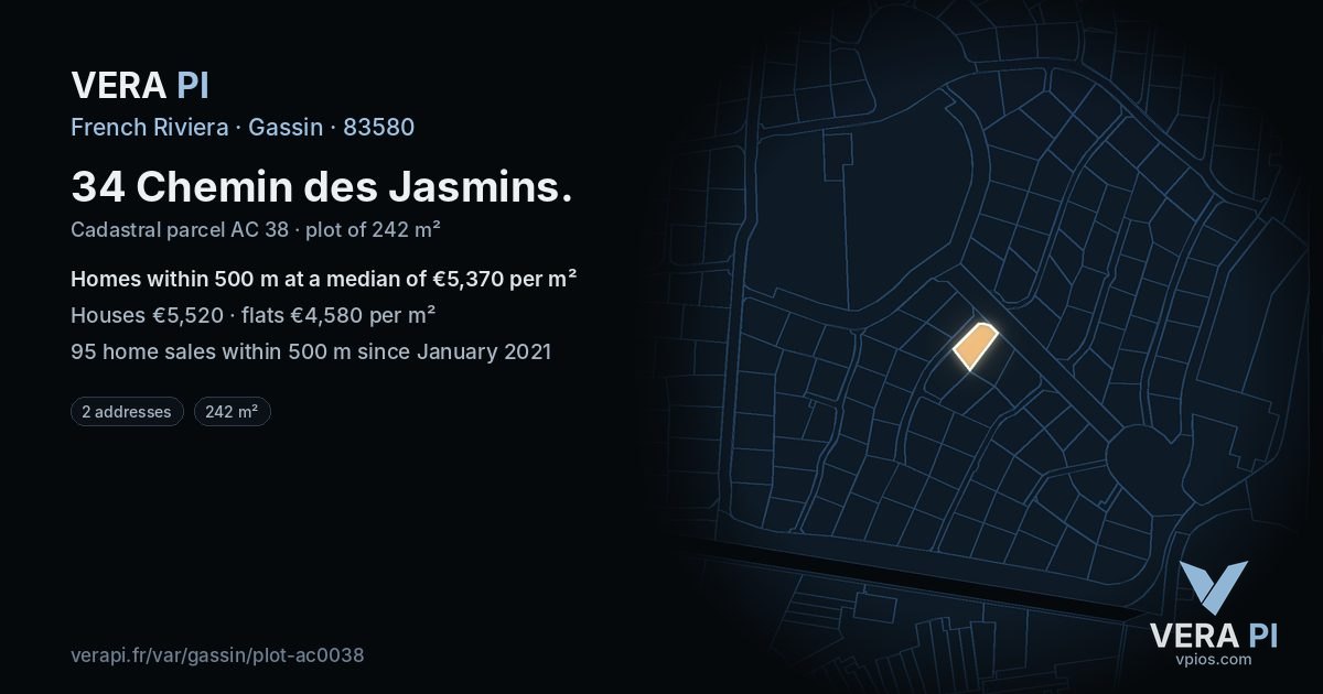34 Chemin des Jasmins, Gassin at night – the plot lit, the parcels around coloured by the prices near them