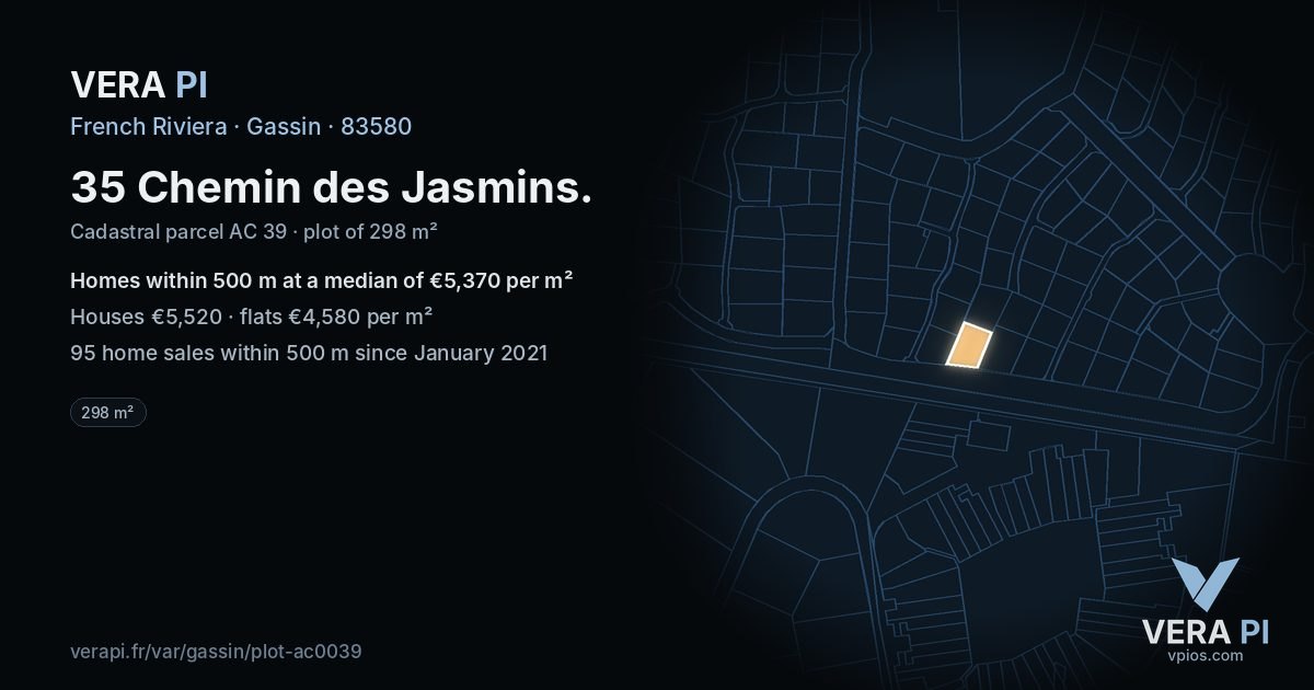 35 Chemin des Jasmins, Gassin at night – the plot lit, the parcels around coloured by the prices near them