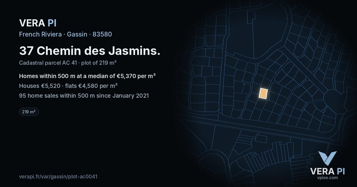 37 Chemin des Jasmins, Gassin at night – the plot lit, the parcels around coloured by the prices near them