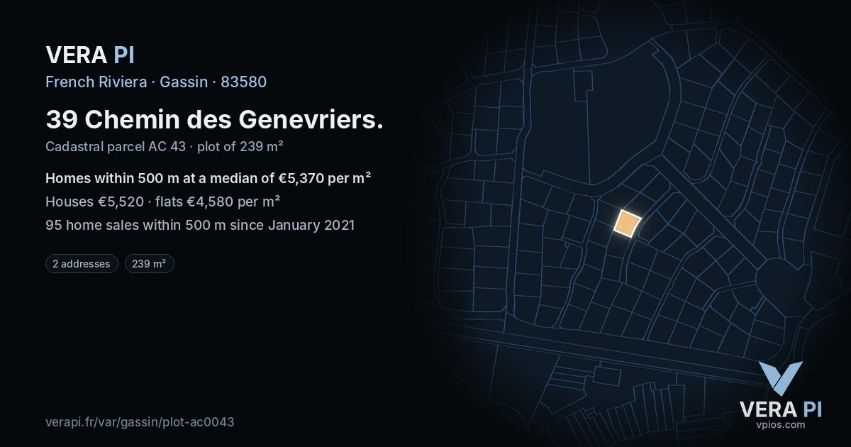 39 Chemin des Genevriers, Gassin at night – the plot lit, the parcels around coloured by the prices near them