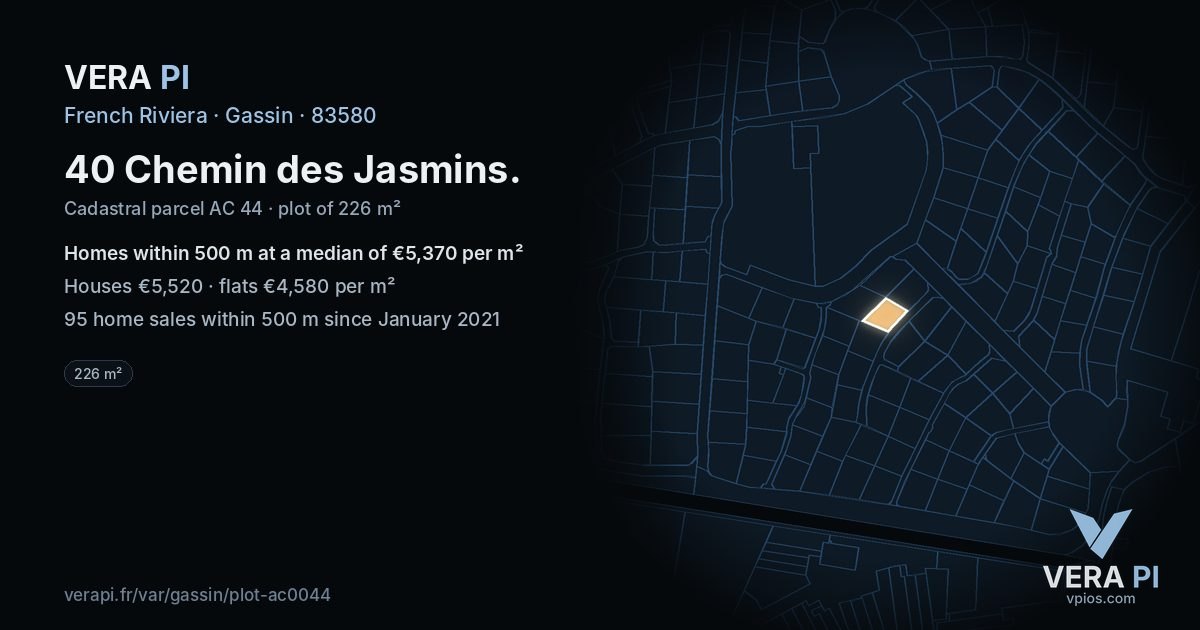40 Chemin des Jasmins, Gassin at night – the plot lit, the parcels around coloured by the prices near them
