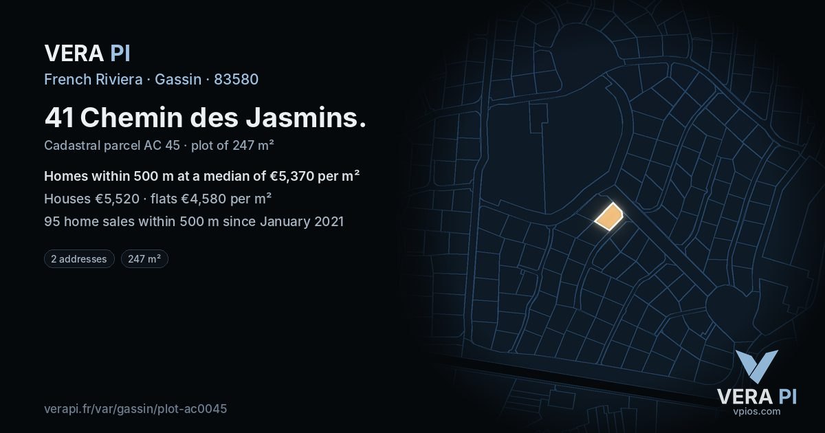 41 Chemin des Jasmins, Gassin at night – the plot lit, the parcels around coloured by the prices near them