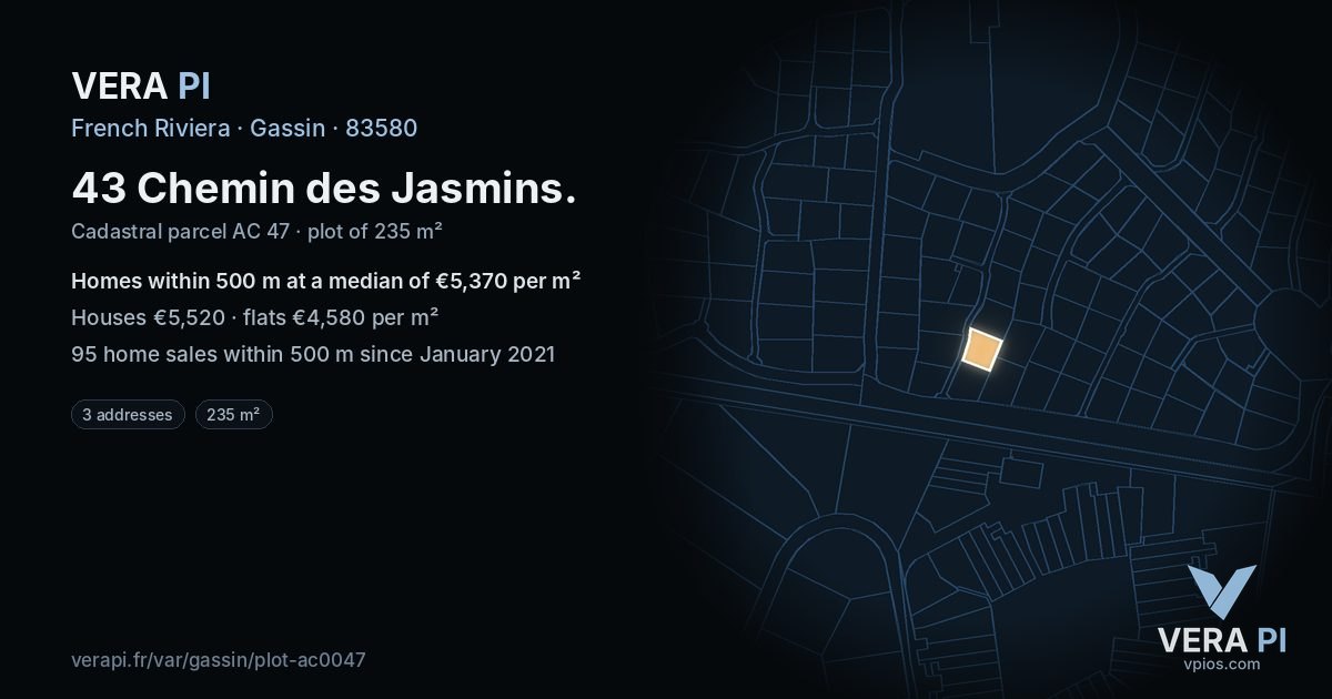 43 Chemin des Jasmins, Gassin at night – the plot lit, the parcels around coloured by the prices near them