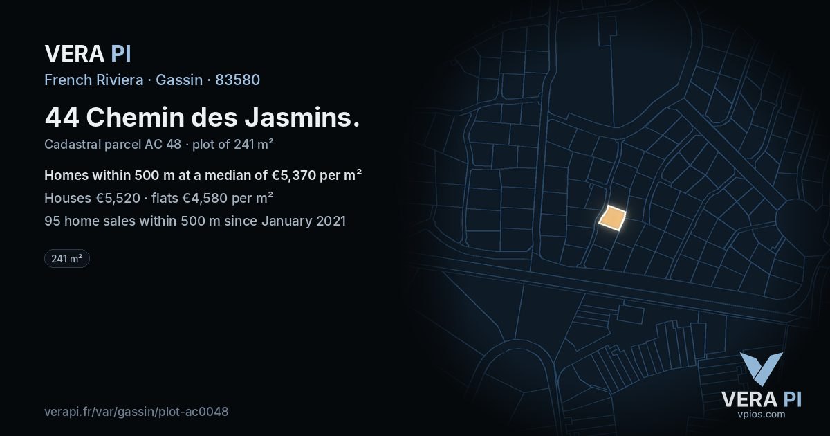 44 Chemin des Jasmins, Gassin at night – the plot lit, the parcels around coloured by the prices near them