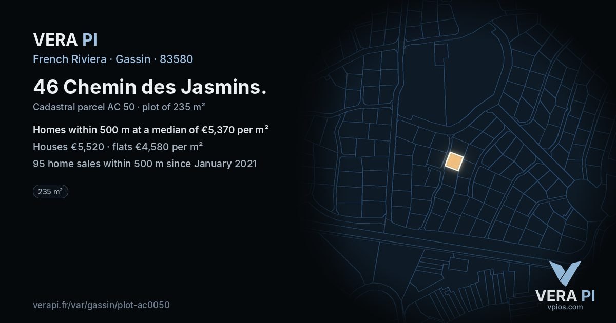 46 Chemin des Jasmins, Gassin at night – the plot lit, the parcels around coloured by the prices near them