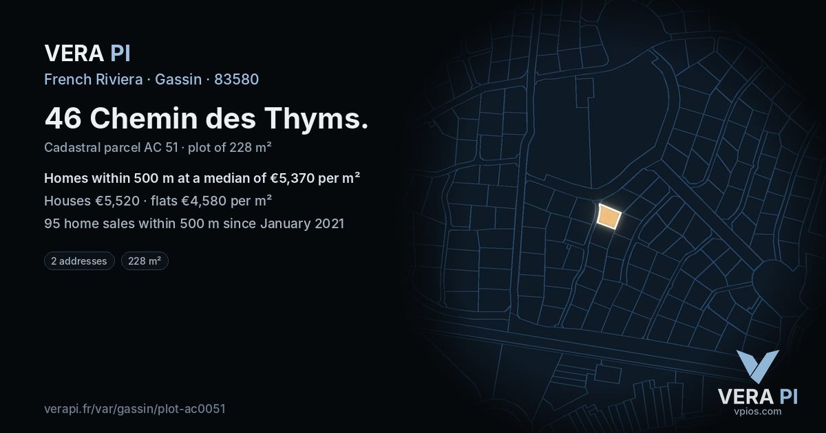 46 Chemin des Thyms, Gassin at night – the plot lit, the parcels around coloured by the prices near them