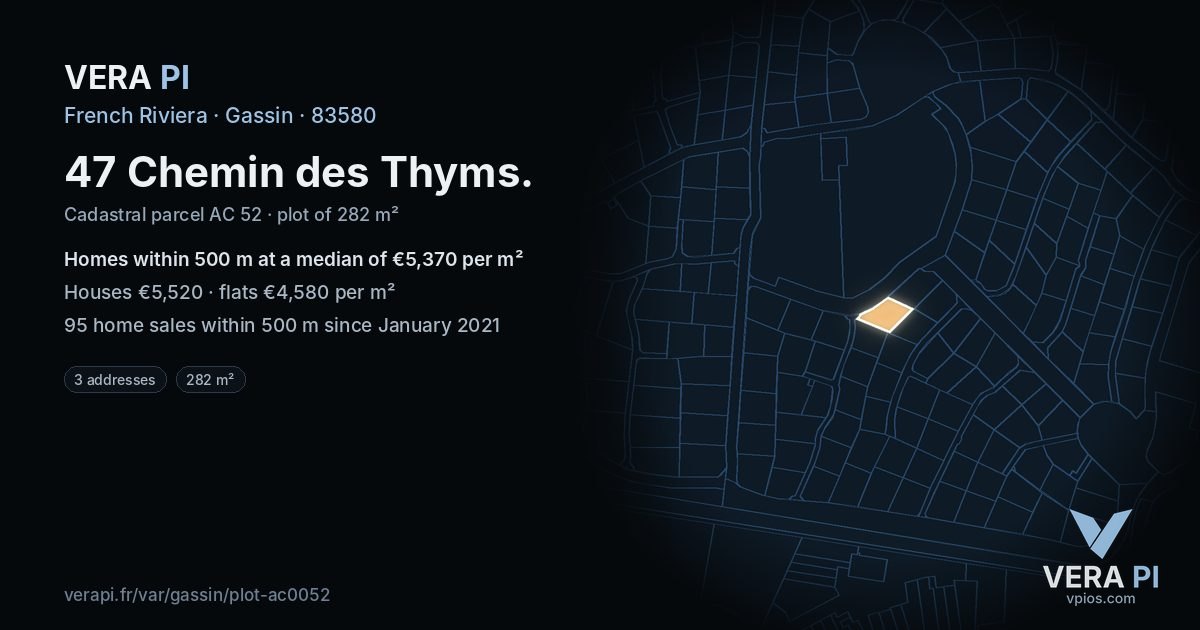 47 Chemin des Thyms, Gassin at night – the plot lit, the parcels around coloured by the prices near them