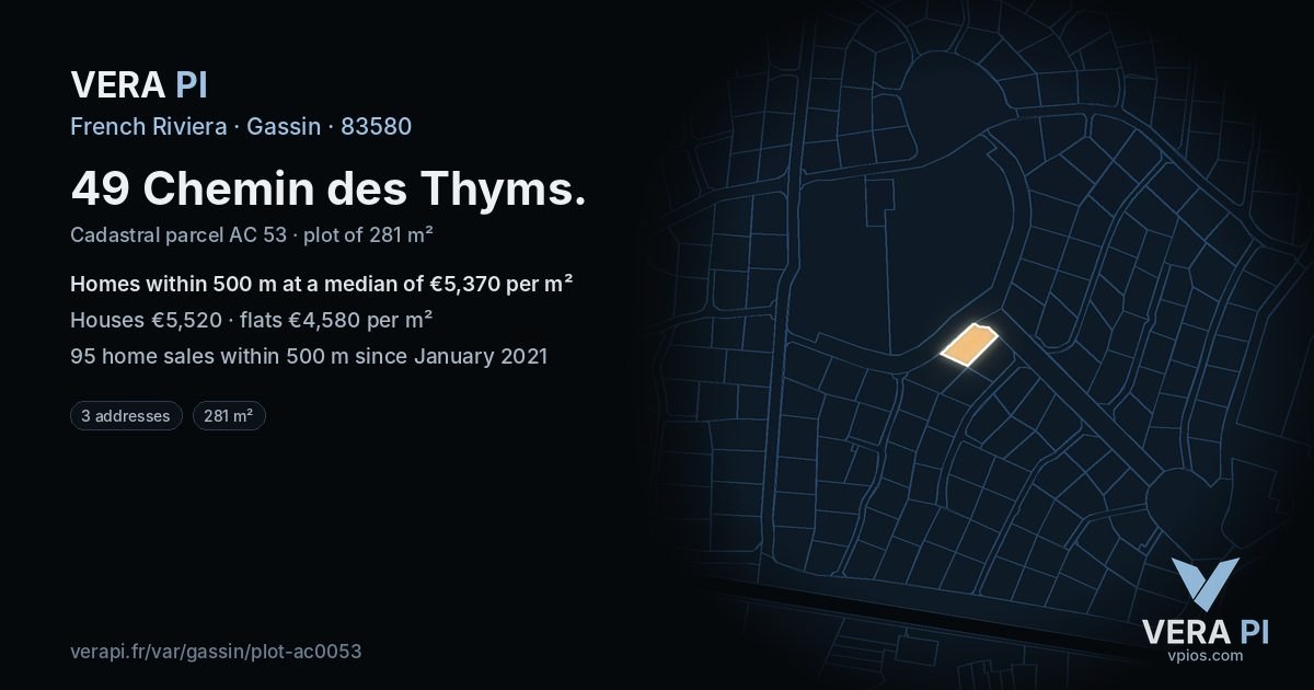 49 Chemin des Thyms, Gassin at night – the plot lit, the parcels around coloured by the prices near them