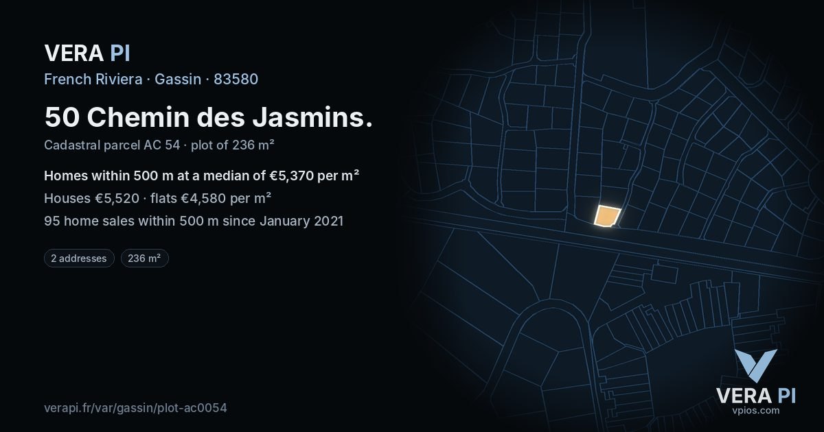 50 Chemin des Jasmins, Gassin at night – the plot lit, the parcels around coloured by the prices near them