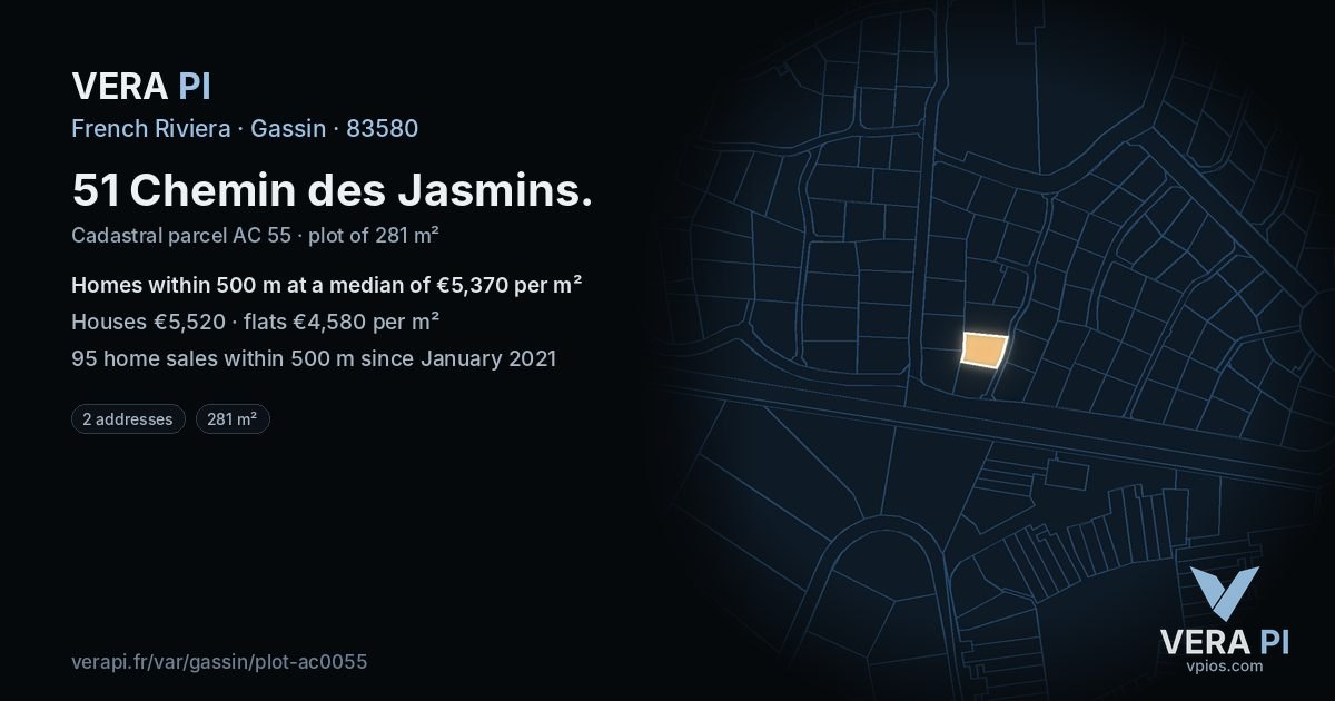51 Chemin des Jasmins, Gassin at night – the plot lit, the parcels around coloured by the prices near them