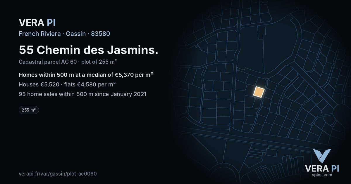 55 Chemin des Jasmins, Gassin at night – the plot lit, the parcels around coloured by the prices near them