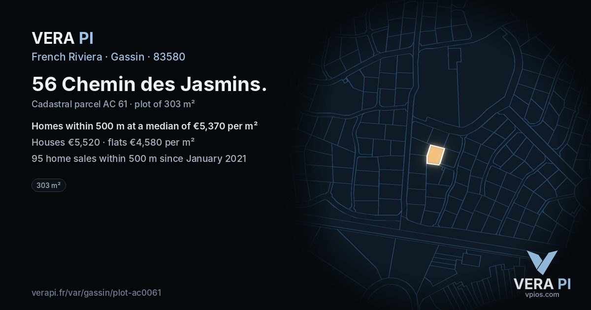 56 Chemin des Jasmins, Gassin at night – the plot lit, the parcels around coloured by the prices near them