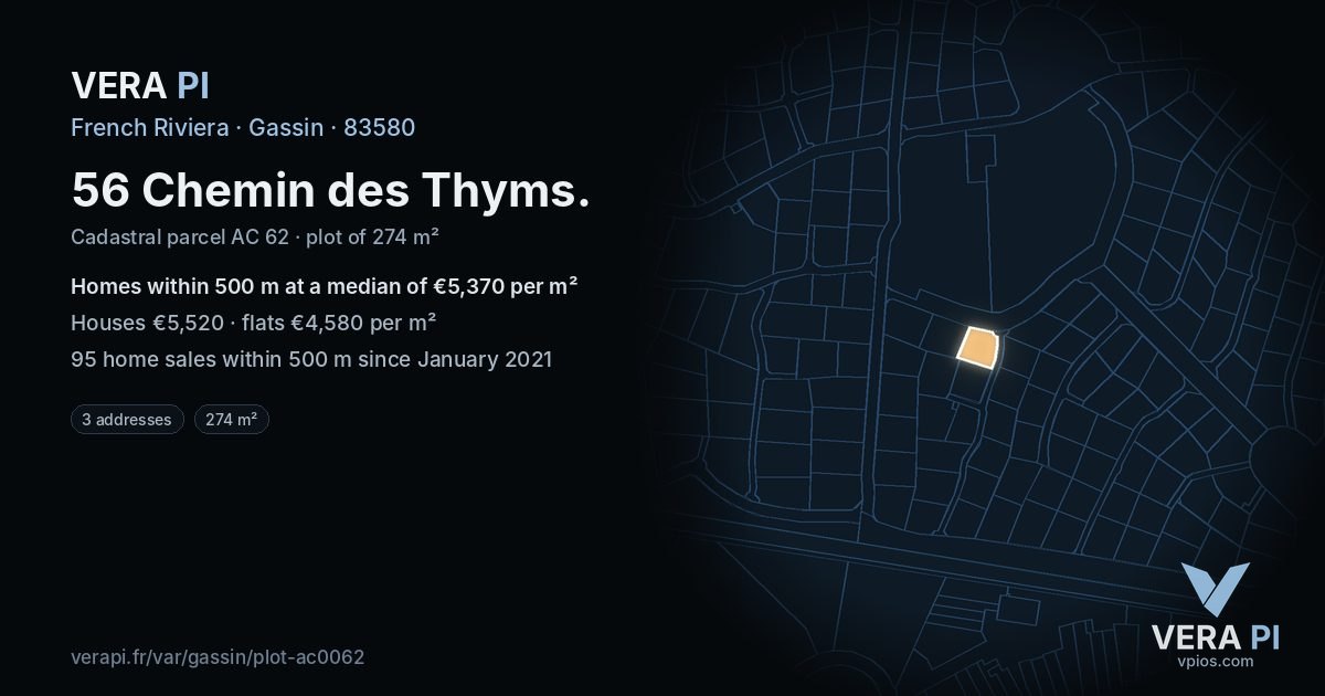 56 Chemin des Thyms, Gassin at night – the plot lit, the parcels around coloured by the prices near them