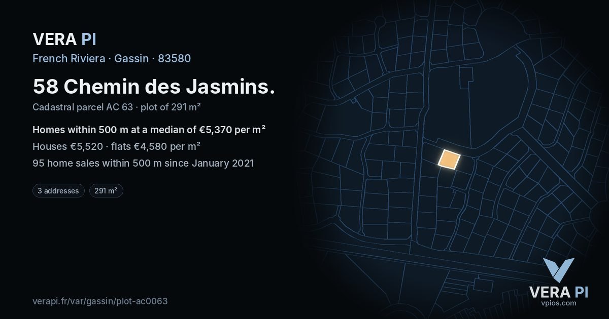 58 Chemin des Jasmins, Gassin at night – the plot lit, the parcels around coloured by the prices near them