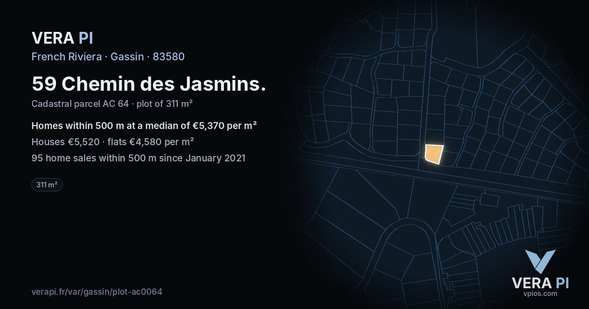 59 Chemin des Jasmins, Gassin at night – the plot lit, the parcels around coloured by the prices near them