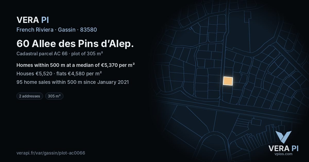 60 Allee des Pins d’Alep, Gassin at night – the plot lit, the parcels around coloured by the prices near them