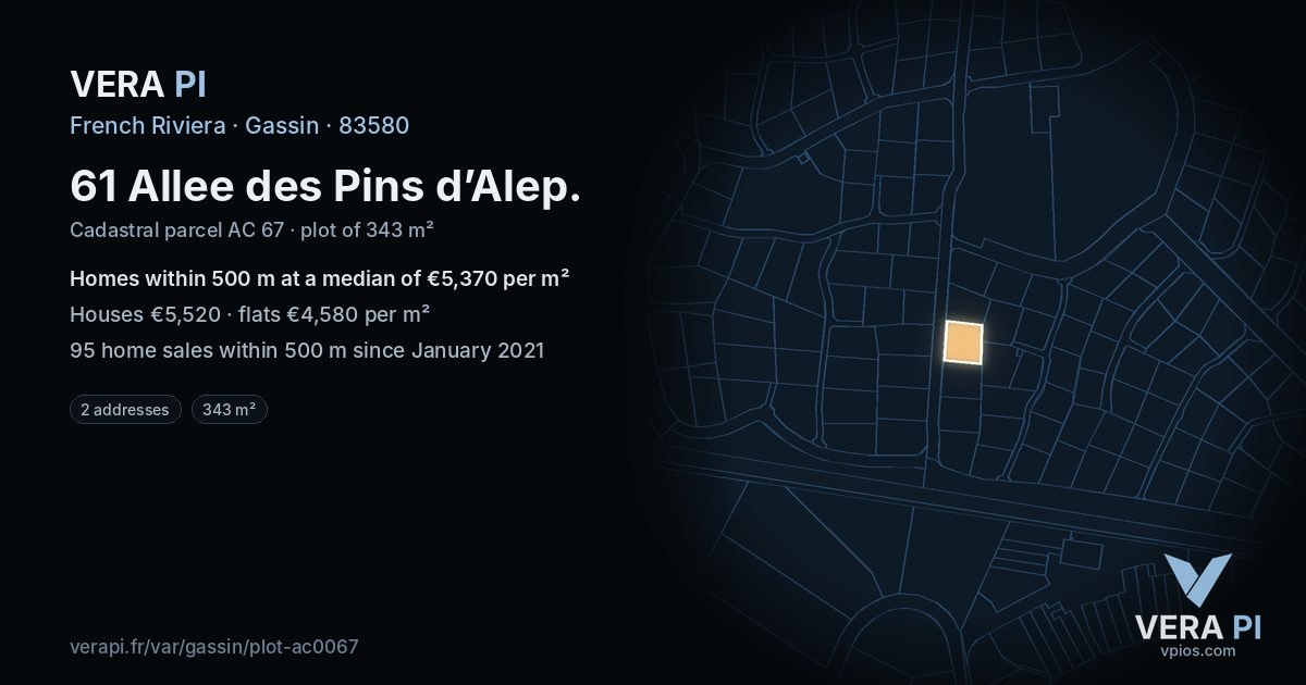 61 Allee des Pins d’Alep, Gassin at night – the plot lit, the parcels around coloured by the prices near them
