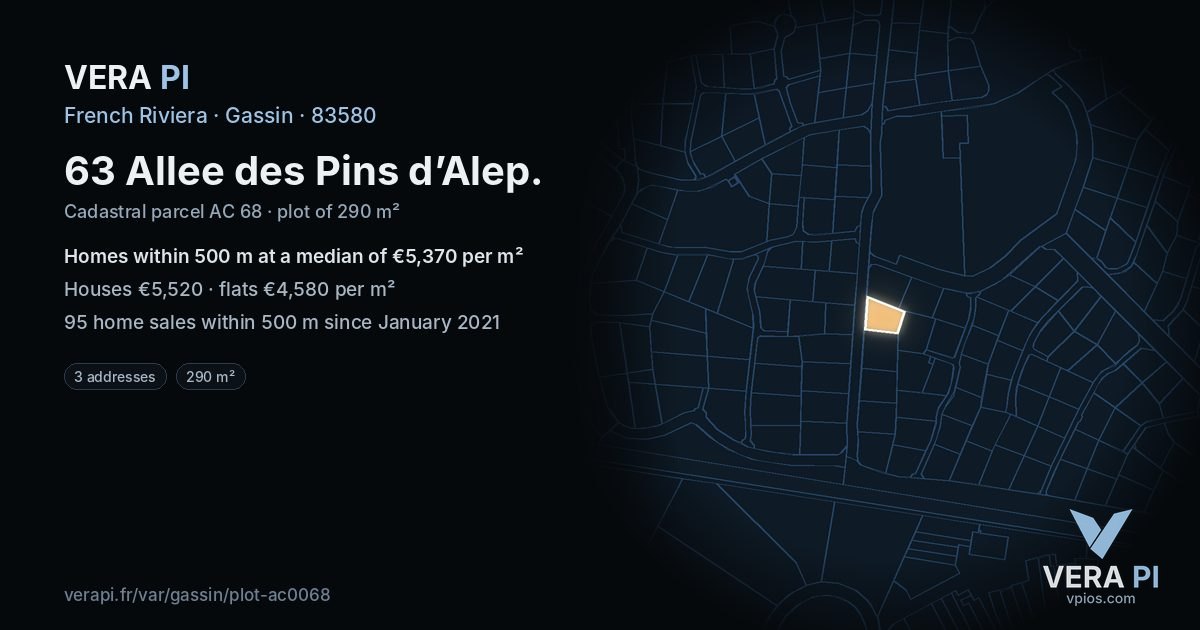 63 Allee des Pins d’Alep, Gassin at night – the plot lit, the parcels around coloured by the prices near them