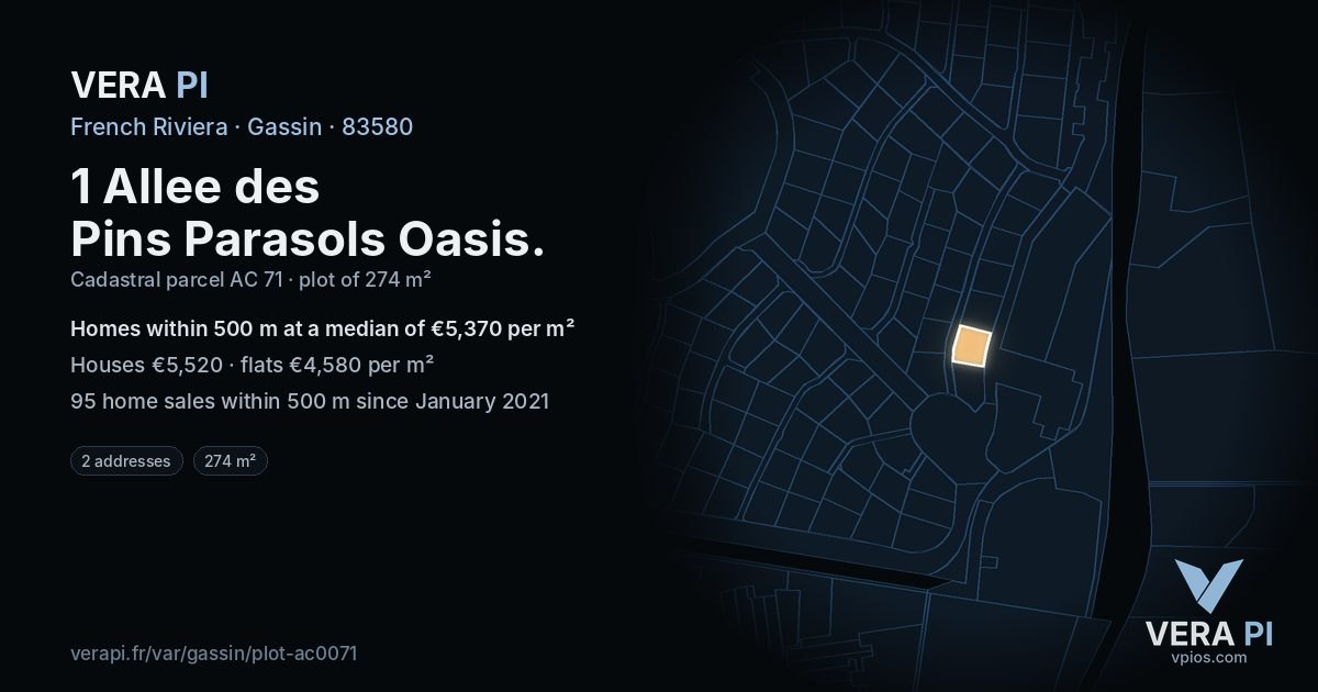 1 Allee des Pins Parasols Oasis, Gassin at night – the plot lit, the parcels around coloured by the prices near them