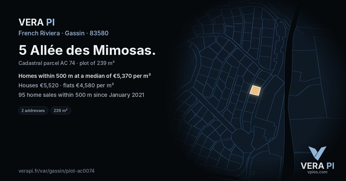 5 Allée des Mimosas, Gassin at night – the plot lit, the parcels around coloured by the prices near them