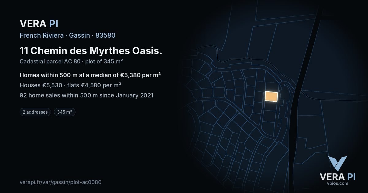 11 Chemin des Myrthes Oasis, Gassin at night – the plot lit, the parcels around coloured by the prices near them