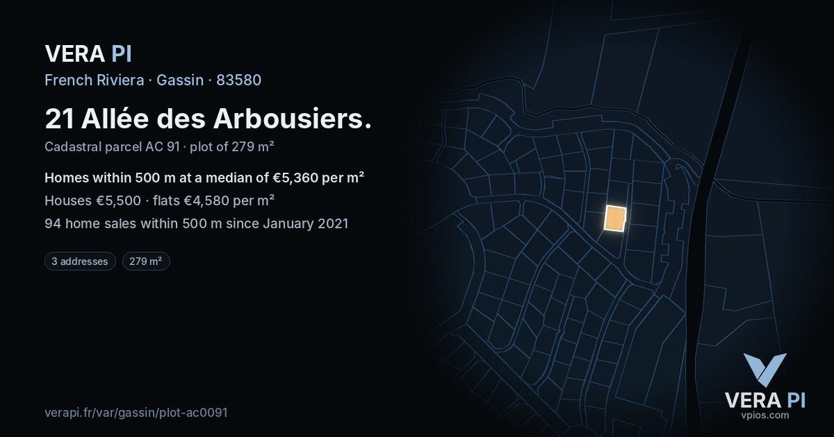 21 Allée des Arbousiers, Gassin at night – the plot lit, the parcels around coloured by the prices near them