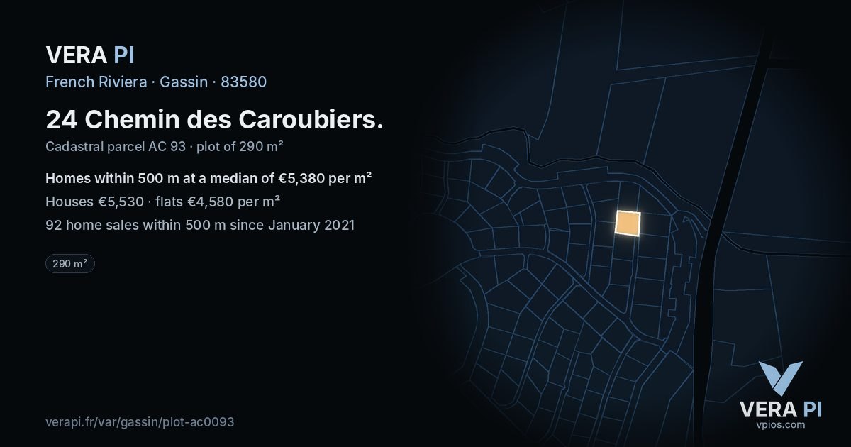 24 Chemin des Caroubiers, Gassin at night – the plot lit, the parcels around coloured by the prices near them