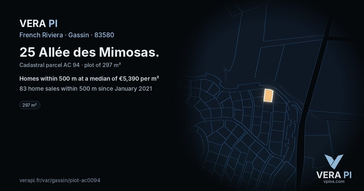 25 Allée des Mimosas, Gassin at night – the plot lit, the parcels around coloured by the prices near them