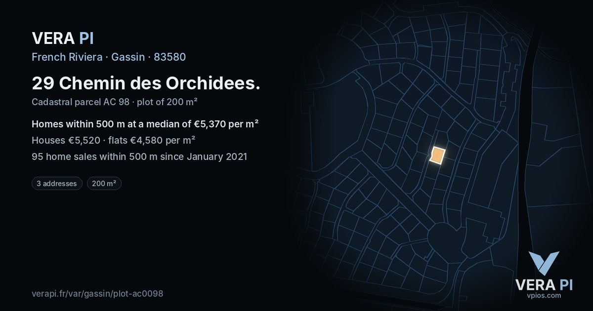 29 Chemin des Orchidees, Gassin at night – the plot lit, the parcels around coloured by the prices near them