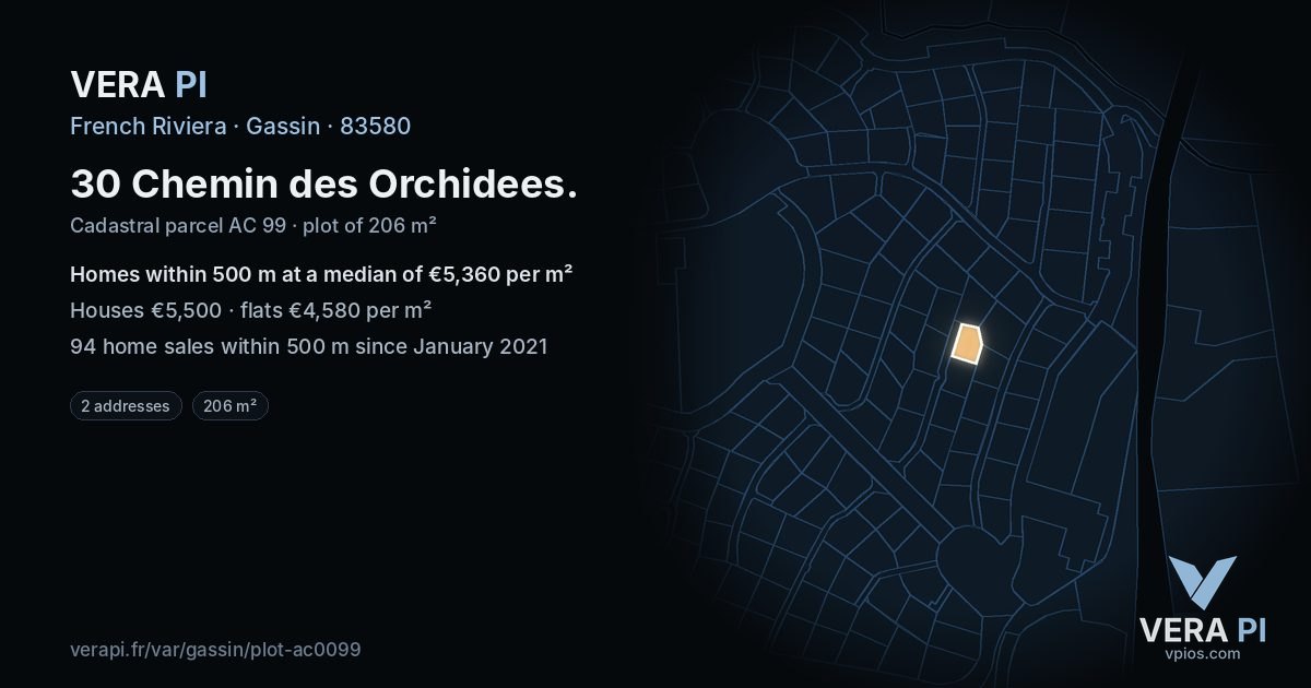 30 Chemin des Orchidees, Gassin at night – the plot lit, the parcels around coloured by the prices near them