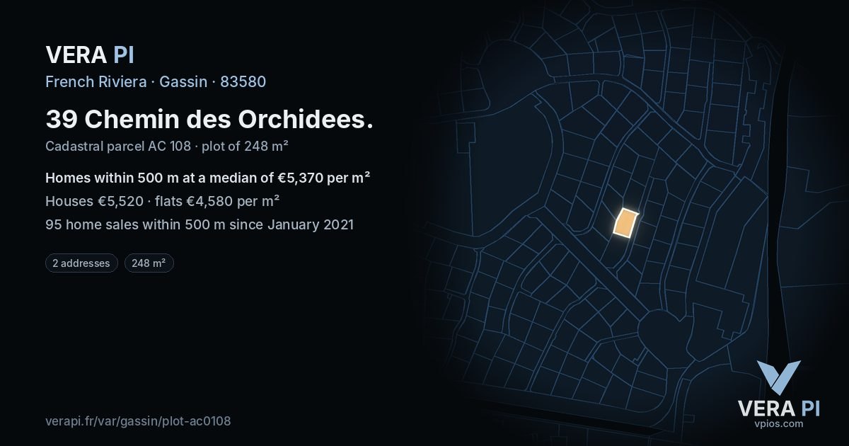 39 Chemin des Orchidees, Gassin at night – the plot lit, the parcels around coloured by the prices near them