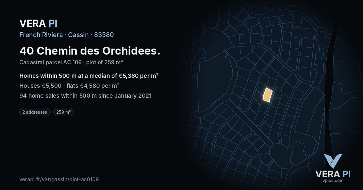 40 Chemin des Orchidees, Gassin at night – the plot lit, the parcels around coloured by the prices near them