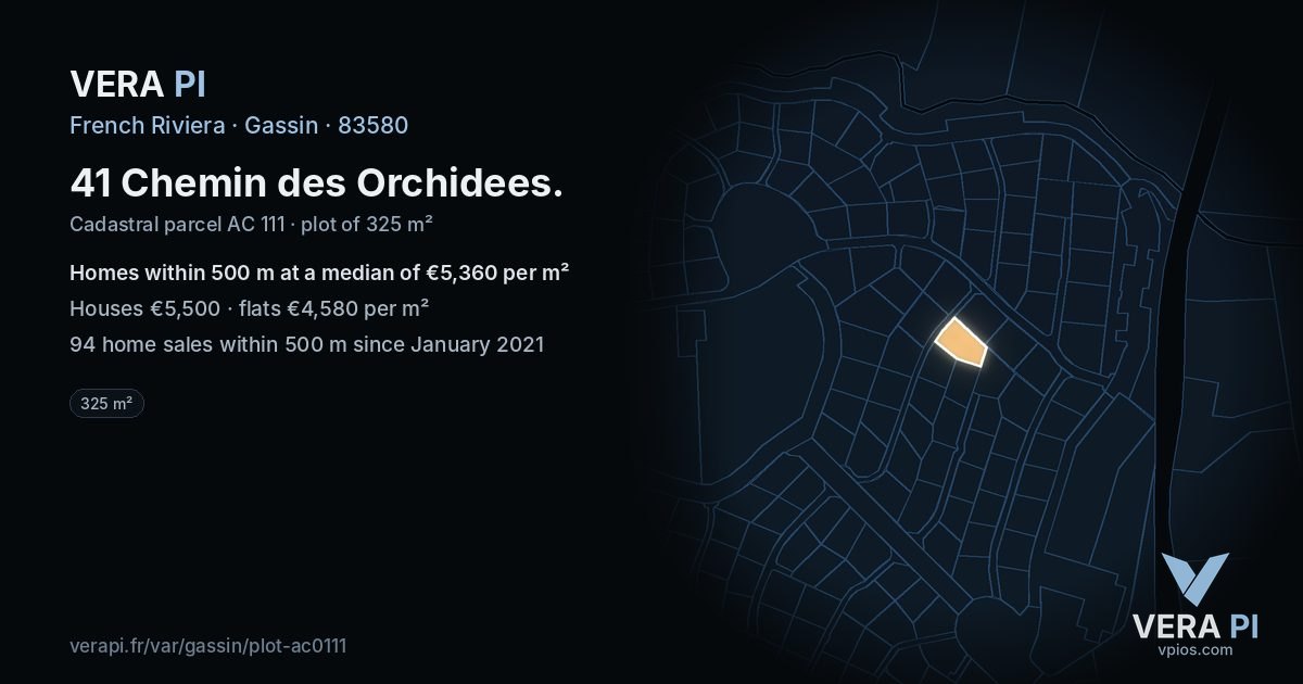 41 Chemin des Orchidees, Gassin at night – the plot lit, the parcels around coloured by the prices near them